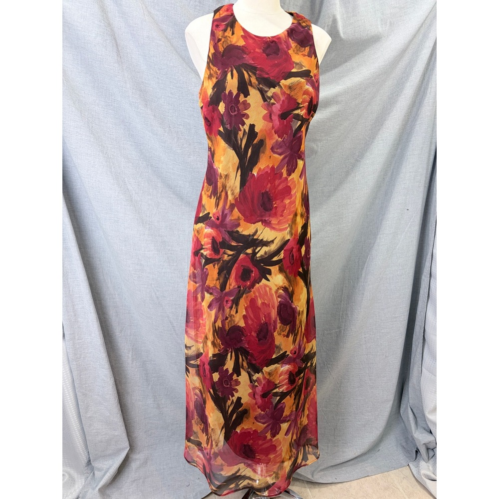 Vintage DJ & Co Floral Maxi Dress Orange Red Purple Chiffon‎ 90s USA 14